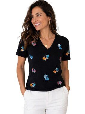 Alexandra Bartlett Embroidered Fish Sweater Top Medium Coastal Tropical Black